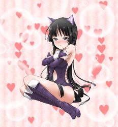 Rule 34 | 1girl, akiyama mio, animal ears, bad id, bad pixiv id, bare shoulders, black eyes, black hair, blush, boots, cat ears, clothing cutout, cosplay, covering privates, covering breasts, crossed legs, eida@renshuuchuu, elbow gloves, embarrassed, fantasy earth zero, fingerless gloves, gloves, half-closed eyes, heart, k-on!, knee boots, leotard, long hair, looking at viewer, navel cutout, purple footwear, purple gloves, sitting, solo, tears
