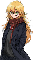 Rule 34 | 10s, 1girl, bespectacled, blonde hair, coat, glasses, green eyes, hands in pockets, highres, hoshii miki, idolmaster, idolmaster (classic), idolmaster cinderella girls, kurokin, long hair, red neckwear, scarf, simple background, smile, solo, white background