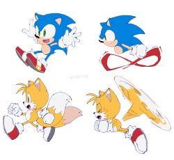 Rule 34 | 2boys, :d, bad id, bad twitter id, blue eyes, closed eyes, fang, full body, furry, furry male, gloves, green eyes, highres, multiple boys, multiple tails, multiple views, open mouth, re30103, running, shoes, simple background, smile, sneakers, sonic (series), sonic the hedgehog, sonic the hedgehog (classic), sweat, tail, tails (sonic), two tails, white background, white gloves