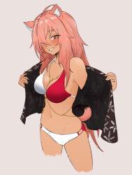 Rule 34 | 1girl, ahoge, alternate costume, animal ears, arknights, bikini, black shawl, blush, breasts, brown eyes, cleavage, commentary, cowboy shot, cropped legs, dokonjou (odossan), english commentary, gravel (arknights), grey background, hair between eyes, highres, long hair, looking at viewer, medium breasts, mismatched bikini, nail polish, navel, parted lips, pink hair, prairie dog ears, prairie dog tail, red bikini, shawl, simple background, smile, solo, standing, stomach, swimsuit, tail, two-tone bikini, wet, wet hair, white bikini, white nails