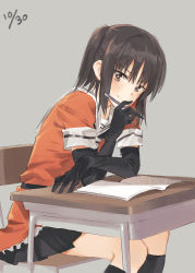 Rule 34 | 1girl, arm support, black gloves, black hair, black neckerchief, black socks, blush, book, brown eyes, chair, closed mouth, commentary request, dated, desk, elbow gloves, feet out of frame, finger to mouth, frilled shirt, frills, gloves, grey background, hair between eyes, highres, holding, holding pen, kantai collection, kneehighs, leaning forward, medium hair, neckerchief, open book, orange shirt, pen, sailor collar, school chair, school desk, school uniform, sendai (kancolle), serafuku, shirt, short sleeves, simple background, sitting, sleeve cuffs, smile, socks, solo, tugo, twintails, two side up, white sailor collar