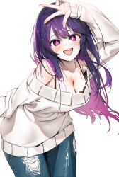 Rule 34 | 1girl, blush, bra, highres, hoshino ai (oshi no ko), lace, lace-trimmed bra, lace trim, long hair, looking at viewer, open mouth, oshi no ko, pants, poharo, purple eyes, purple hair, smile, solo, star-shaped pupils, star (symbol), star in eye, sweat, sweater, symbol-shaped pupils, symbol in eye, underwear