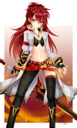 Rule 34 | 10s, 1girl, 2016, asymmetrical clothes, asymmetrical gloves, asymmetrical legwear, bad id, bad pixiv id, black gloves, black thighhighs, blazing heart (elsword), breasts, cleavage, coat, collarbone, dated, elesis (elsword), elsword, fingerless gloves, gloves, groin, hair between eyes, high ponytail, highres, jewelry, long hair, looking at viewer, nairofu, navel, necklace, orange eyes, red hair, signature, small breasts, solo, thighhighs, uneven gloves, uneven legwear