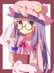 Rule 34 | 1girl, arm up, bespectacled, blue bow, book, border, bow, busujima (kusahana), crescent, crescent hat ornament, glasses, hair bow, hat, hat ornament, highres, holding, holding book, long hair, long sleeves, looking at viewer, mob cap, one-hour drawing challenge, patchouli knowledge, pink bow, pink hat, purple eyes, purple hair, red border, round eyewear, simple background, solo, touhou, upper body, very long hair, white background