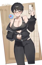Rule 34 | 1girl, bare shoulders, black hair, black jacket, black pants, black sports bra, blush, breasts, brown eyes, cellphone, cleavage, closed mouth, commentary, cropped legs, dutch angle, english commentary, glasses, hand up, heart, highres, holding, holding phone, jacket, large breasts, long sleeves, looking at viewer, off shoulder, original, pants, partially unzipped, phone, puffy long sleeves, puffy sleeves, short hair, sin (sintrybest), smartphone, smile, solo, spoken heart, sports bra, tomboy, track jacket, twitter username, yoga pants, zipper pull tab