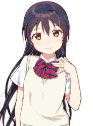 Rule 34 | 1girl, blue hair, blush, bow, bowtie, commentary request, hair between eyes, hand up, long hair, looking at viewer, love live!, love live! school idol project, otonokizaka school uniform, red bow, red bowtie, school uniform, short sleeves, simple background, skull573, smile, solo, sonoda umi, striped bow, striped bowtie, striped clothes, striped neckwear, white background, yellow eyes