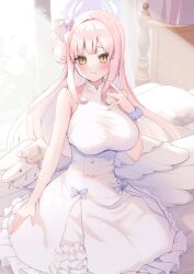 Rule 34 | 1girl, angel wings, armpit crease, ayuma sayu, bare shoulders, blue archive, blush, breasts, closed mouth, dress, feathered wings, flower, hair bun, hair flower, hair ornament, twirling hair, hand in own hair, highres, large breasts, long hair, looking at viewer, low wings, mika (blue archive), on bed, pink hair, pinky out, playing with own hair, raised eyebrows, single side bun, sleeveless, sleeveless dress, smile, solo, very long hair, white dress, white wings, wing ornament, wings, yellow eyes