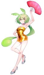 Rule 34 | 1girl, alternate costume, blush, breasts, brown eyes, closed mouth, collarbone, commentary request, dress, full body, gold dress, grey footwear, hand fan, hand on own hip, high heels, highres, holding, holding fan, long hair, looking at viewer, low ponytail, pea pod, shiny clothes, short dress, simple background, small breasts, smile, solo, standing, standing on one leg, strapless, strapless dress, takita (takita040), v-shaped eyebrows, very long hair, voicevox, white background, zundamon