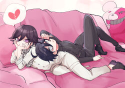 2boys absurdres ahoge arm_belt black_hair blush broken_heart buttons checkered_clothes checkered_scarf collared_jacket commentary_request couch danganronpa_(series) danganronpa_v3:_killing_harmony flipped_hair full_body hair_between_eyes hands_on_own_face heart highres jacket knee_up long_sleeves lying male_focus miska_(roromu32936) monokuma multiple_boys oma_kokichi on_back on_couch on_side open_mouth pants pink_theme pout purple_eyes purple_hair saihara_shuichi scarf short_hair speech_bubble spoken_heart striped_clothes striped_jacket striped_pants thigh_strap two-tone_scarf yaoi