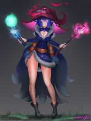 Rule 34 | 1girl, absurdres, ahri (league of legends), alternate costume, alternate hair color, animal ears, ankle boots, artist name, bare legs, belt, black footwear, black hair, blue hair, boots, breasts, cleavage, cleavage cutout, clothing cutout, creature, fox ears, fox tail, full body, glowing, grey background, grin, hat, heart, heart-shaped pupils, highres, large breasts, league of legends, lips, long hair, long sleeves, looking at viewer, mayhem art, midnight ahri, multiple tails, no socks, parted lips, sharp teeth, simple background, slit pupils, smile, smoke, solo, staff, standing, symbol-shaped pupils, tail, teeth, yellow eyes