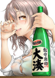 Rule 34 | 1girl, bottle, breasts, brown eyes, covered erect nipples, cup, drinking, drinking glass, drunk, grey hair, highres, holding, holding cup, kantai collection, kasu (kasunohikari), large breasts, pola (kancolle), see-through, shirt, simple background, solo, wavy hair, wet, wet clothes, wet shirt, white background, white shirt