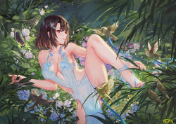 Rule 34 | 1girl, atdan, bare arms, bare legs, bare shoulders, bird, breasts, brown hair, cleavage, day, dress, flower, forest, hair ornament, halter dress, halterneck, high heels, large breasts, leg up, looking at viewer, microphone, nature, no bra, original, outdoors, panties, parted lips, pelvic curtain, petals, plant, red eyes, revealing clothes, short hair, sideless outfit, sleeveless, sleeveless dress, solo, thighs, underwear, white dress, white panties