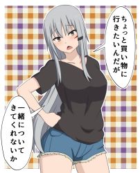 Rule 34 | 1girl, alternate costume, black shirt, blouse, blush, bokota (bokobokota), breasts, brown eyes, checkered background, cheerleader, contemporary, denim, denim shorts, facial scar, gangut (kancolle), grey hair, hair between eyes, hair ornament, hand on own hip, kantai collection, long hair, looking at viewer, medium breasts, no headwear, no jacket, open mouth, scar, scar on cheek, scar on face, shirt, shorts, solo, standing, translation request, triangle mouth