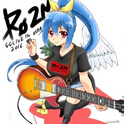 Rule 34 | 1girl, 2016, angel wings, artist name, asymmetrical wings, black shirt, black thighhighs, blue hair, blush, bow, dated, dizzy (guilty gear), electric guitar, english text, guilty gear, guitar, instrument, long hair, looking at viewer, monster girl, ponytail, red eyes, ribbon, shirt, short shorts, shorts, smile, solo, tail, tail ornament, tail ribbon, thighhighs, twitter username, wings, yellow bow, yukia (firstaid0)
