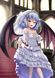 Rule 34 | 1girl, :d, alternate costume, bare shoulders, bat wings, blue hair, breasts, bridal gauntlets, collarbone, detached sleeves, dress, fang, fangs, feet out of frame, fingernails, frilled dress, frills, highres, indoors, jewelry, looking at viewer, mizunisabano, nail polish, open mouth, ornate ring, pointy ears, red eyes, red nails, remilia scarlet, ring, sharp fingernails, short hair, smile, solo, standing, strapless, strapless dress, touhou, wedding dress, white dress, window, wings