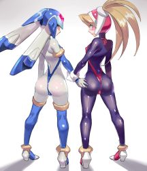 Rule 34 | 2girls, adapted costume, arched back, ass, blonde hair, blue eyes, blush, bodysuit, boots, capcom, ciel (mega man), covered erect nipples, from behind, full body, gloves, gold trim, helmet, high heel boots, high heels, high ponytail, holding another&#039;s wrist, huge ass, inti creates, legs apart, fairy leviathan (mega man), long hair, looking at viewer, looking back, mega man (series), mega man zero (series), multiple girls, ponytail, shadow, shiny clothes, shoes, skin tight, slingshot swimsuit, spandex, standing, swimsuit, thigh boots, thighhighs, ukimukai, white bodysuit, white gloves