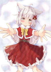Rule 34 | 1girl, :t, ahoge, animal ear fluff, animal ears, bed sheet, bell, blush, bow, brown eyes, capelet, cat ears, closed mouth, commentary request, dress, feet out of frame, frilled dress, frills, fur-trimmed capelet, fur trim, grey hair, hair bell, hair between eyes, hair bow, hair ornament, highres, looking at viewer, lying, manabe mana, on back, original, outstretched arms, plaid, plaid dress, pleated dress, pout, red bow, red capelet, red dress, solo, yellow bow