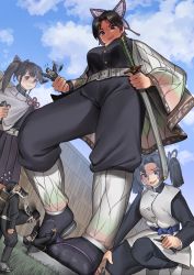 Rule 34 | 3girls, 6+boys, black hair, giant, giantess, grabbing, highres, kimetsu no yaiba, kkasi00, looking down, multiple boys, multiple girls, ponytail, purple eyes, smile