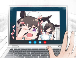 Rule 34 | 2girls, afterimage, alternate costume, animal ears, brown hair, casual, child, collarbone, commentary, computer, copan, hair over one eye, horse ears, horse girl, if they mated, jewelry, laptop, long hair, mother and daughter, multiple girls, necklace, pov, pov hands, purple eyes, rice shower (umamusume), swept bangs, umamusume, waving