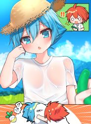 Rule 34 | 2boys, absurdres, blue eyes, blue hair, blush, cloud, fang, hat, highres, hose, looking at viewer, male focus, multiple boys, open mouth, original, red hair, see-through, short hair, skin fang, sky, trap, wet, wet clothes, zenchi (061799)