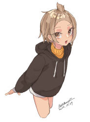 Rule 34 | 1girl, :d, bangs pinned back, black hoodie, brown eyes, brown hair, cropped legs, dated, drawstring, female focus, hood, hood down, hoodie, leaning forward, looking at viewer, maze (gochama ze gohan), open mouth, orange sweater, original, short shorts, shorts, signature, simple background, smile, solo, sweater, topknot, turtleneck, turtleneck sweater, white background, white shorts