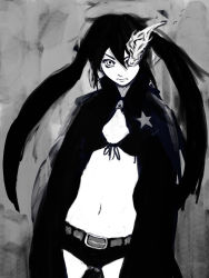 Rule 34 | 10s, bad id, bad pixiv id, belt, black hair, black rock shooter, black rock shooter (character), coat, highres, midriff, monochrome, s-kan, solo, star (symbol), twintails