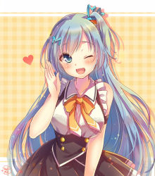 Rule 34 | 1girl, ;d, artist name, black bra, black skirt, blouse, blue eyes, blue hair, blush, bra, breasts, emori miku, frilled shirt, frills, hair ornament, hairclip, hand up, heart, lace, lace-trimmed bra, lace trim, large breasts, liver city, long hair, looking at viewer, mitsuhachi8, one eye closed, one side up, open mouth, plaid, plaid background, pleated skirt, see-through, shirt, signature, skirt, smile, solo, underbust, underwear, upper body, very long hair, vest, white shirt