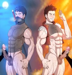 Rule 34 | 2boys, abs, bara, bottomless, cum, handjob, male focus, multiple boys, muscular, nipples, pectorals, penis, size difference, steam, sweat, tagme, testicles, toto (artist), uncensored, wince, yaoi