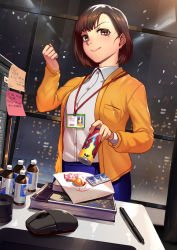 Rule 34 | 1girl, blue skirt, book, brown eyes, brown hair, can, candy, cityscape, energy drink, food, hand up, highres, holding, holding can, id card, indoors, jacket, lanyard, looking at viewer, mole, mole under eye, monitor, mouse (computer), name tag, orange jacket, original, saumaro, skirt, smile, sticky note, stylus, table, window, wrapped candy
