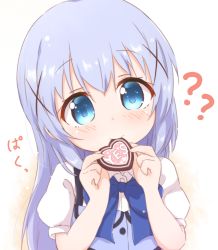 Rule 34 | 1girl, ?, ??, araki495, blue bow, blue eyes, blue hair, blue vest, blush, bow, candy, chocolate, chocolate heart, closed mouth, collared shirt, commentary request, dress shirt, food, food in mouth, gochuumon wa usagi desu ka?, hair between eyes, hair ornament, hands up, heart, holding, holding food, kafuu chino, long hair, looking at viewer, puffy short sleeves, puffy sleeves, rabbit house uniform, shirt, short sleeves, solo, translation request, uniform, upper body, vest, waitress, white shirt, x hair ornament