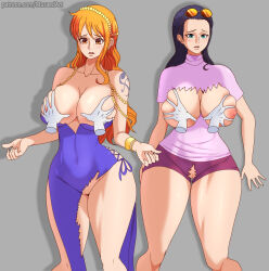 Rule 34 | 2girls, absurdres, black hair, grabbing another&#039;s breast, breasts, cleavage, grabbing, highres, huge breasts, large breasts, long hair, multiple girls, musaed art, nami (one piece), nico robin, one piece, orange hair