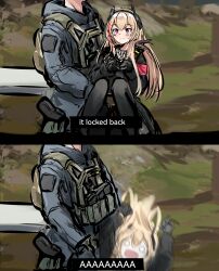 Rule 34 | 1girl, 1other, 2koma, absurdres, armband, bandana, bandana around neck, black bandana, black gloves, black jacket, blonde hair, blush, carrying, carrying person, closed mouth, comic, commander (girls&#039; frontline), commentary, dropping, english commentary, english text, falling, fang, feet out of frame, girls&#039; frontline, gloves, hair between eyes, head out of frame, headgear, highres, holding, holster, holstered, jacket, load bearing vest, long hair, m4 sopmod ii (girls&#039; frontline), mechanical hands, motion blur, multicolored hair, o o, open mouth, outdoors, princess carry, red armband, red eyes, red hair, rennn (ilobeste), shouting, single mechanical hand, skin fang, smile, streaked hair, sweatdrop, tactical clothes, teardrop