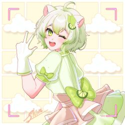 1girl ahoge animal_ears back beads border bow cloud collar corset dress ferret ferret_ears ferret_girl food food-themed_hair_ornament frilled_dress frills fruit gloves gradient_hair green_dress green_gloves green_hair hair_ornament happy highres idol indie_virtual_youtuber laimu_(vtuber) leaf_hair_ornament lime_(fruit) lime_hair_ornament lime_slice looking_at_viewer looking_back multicolored_clothes multicolored_dress multicolored_hair one_eye_closed open_mouth puffy_short_sleeves puffy_sleeves short_sleeves solo v viewfinder vinesauce virtual_youtuber waist_bow white_hair yellow_background yellow_tomato