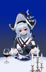Rule 34 | 1girl, arknights, black dress, black hat, blue background, candle, candlestand, cup, dress, drinking glass, fish skeleton, fork, gradient background, grey hair, hat, highres, holding, holding fork, holding knife, knife, long hair, open mouth, red eyes, solo, specter (arknights), specter the unchained (arknights), wine glass, xity