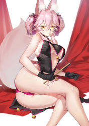 Rule 34 | 1girl, :o, absurdres, animal ear fluff, animal ears, ass, bare arms, bare shoulders, bell, black dress, black gloves, blush, breasts, china dress, chinese clothes, cleavage cutout, clothing cutout, collarbone, double bun, dress, duan henglong, fang, fate/grand order, fate (series), fox ears, fox tail, glasses, gloves, hair bell, hair between eyes, hair bun, hair ornament, high collar, highres, koyanskaya (chinese lostbelt outfit) (fate), koyanskaya (fate), large breasts, long hair, looking at viewer, lying, on side, open mouth, panties, pantyshot, pelvic curtain, pink hair, purple panties, sidelocks, solo, tail, tamamo (fate), tassel, thighs, underboob, underboob cutout, underwear, upskirt, yellow eyes