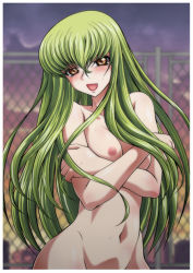 Rule 34 | 1girl, blush, breasts, c.c., code geass, completely nude, crossed arms, green hair, kaname aomame, long hair, navel, nipples, nude, public indecency, smile, solo, yellow eyes