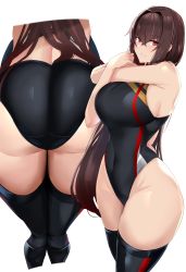 Rule 34 | 1girl, absurdres, antenna hair, armpit crease, ass, bare shoulders, black one-piece swimsuit, black thighhighs, blush, breasts, brown hair, competition swimsuit, covered navel, crossed bangs, highleg, highleg swimsuit, highres, huge ass, large breasts, last origin, long hair, looking at viewer, maruyaa (malya1006), multiple views, one-piece swimsuit, red eyes, royal arsenal, simple background, smile, swimsuit, thighhighs, thighs, white background, wide hips