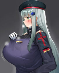 Rule 34 | 1girl, absurdres, alternate breast size, beret, blush, breasts, cross, cross hair ornament, german flag, girls&#039; frontline, green eyes, grey background, grey hair, hair ornament, hat, highres, hk416 (girls&#039; frontline), huge breasts, long hair, looking to the side, simple background, solo, teardrop tattoo, zawashi (zawashio1013)