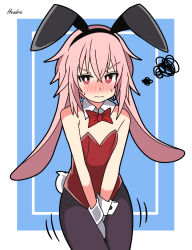 1boy absurdres animal_ears ansel_(arknights) arknights between_legs black_pantyhose blue_background blush bow bowtie closed_mouth commentary_request cowboy_shot crossdressing detached_collar fake_animal_ears hand_between_legs hendra highleg highleg_leotard highres leotard male_focus nose_blush pantyhose pink_hair playboy_bunny rabbit_ears rabbit_tail red_bow red_bowtie red_eyes red_leotard short_hair solo strapless strapless_leotard tail trap wrist_cuffs