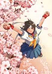 Rule 34 | 1girl, ;), arms up, bandaid, bandaid on face, blue skirt, brown eyes, brown hair, cherry blossoms, clenched hands, commentary, converse, edaki shin&#039;ya, english commentary, fingerless gloves, from above, gloves, headband, kasugano sakura, looking at viewer, looking up, one eye closed, red gloves, school uniform, serafuku, shoes, short hair, skirt, smile, sneakers, solo, standing, street fighter, street fighter zero (series), stretching, udon entertainment