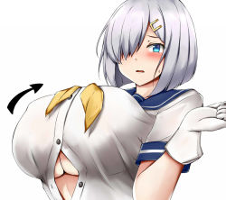 Rule 34 | 1girl, blue eyes, blush, breasts, gloves, hair ornament, hair over one eye, hairclip, hamakaze (kancolle), kantai collection, large breasts, looking at viewer, open clothes, open shirt, parted lips, school uniform, serafuku, short hair, short sleeves, silver hair, simple background, solo, sweatdrop, terakoya, underboob, white background, white gloves