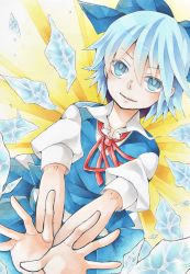 Rule 34 | 1girl, bad id, bad pixiv id, blue eyes, blue hair, bow, cirno, dress, hair bow, ice, ice wings, marker (medium), matching hair/eyes, ponpoko, short hair, smile, solo, touhou, traditional media, wings