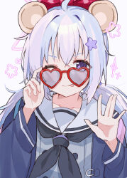 Rule 34 | 1girl, ;p, absurdres, adjusting eyewear, ahoge, animal ears, black jacket, black neckerchief, blue archive, blue hair, bow, buttons, closed mouth, collarbone, commentary request, crossed bangs, double-breasted, eyelashes, glasses, grey serafuku, hair between eyes, hair bow, hair ornament, hands up, haruharu sensei, heart, heart-shaped eyewear, highres, jacket, long hair, long sleeves, looking at viewer, low twintails, mouse ears, multicolored hair, neckerchief, one eye closed, open clothes, open jacket, pink hair, purple eyes, red-framed eyewear, red bow, reisa (blue archive), sailor collar, school uniform, serafuku, sidelocks, simple background, smile, solo, sparkle, star (symbol), star hair ornament, streaked hair, tongue, tongue out, twintails, upper body, white background, white sailor collar