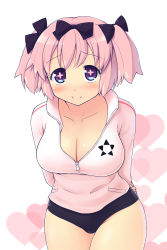 Rule 34 | + +, 10s, 1girl, arms behind back, blue eyes, blush, bow, breasts, buruma, cleavage, crazy-nobleman, gym uniform, hair bow, heart, hibari (senran kagura), highres, jacket, large breasts, pink hair, senran kagura, short hair, short twintails, simple background, smile, solo, striped, symbol-shaped pupils, thigh gap, track jacket, track suit, twintails, unzipped, white background