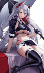 Rule 34 | 1girl, absurdres, antenna hair, azur lane, black footwear, black gloves, black jacket, black thighhighs, boots, breasts, brown eyes, closed mouth, crop top, cropped jacket, eternity (shadeh), feet out of frame, gloves, half gloves, headgear, high heel boots, high heels, highres, holding, holding umbrella, jacket, large breasts, long hair, looking at viewer, microphone, miniskirt, mole, mole on breast, multicolored hair, navel, official alternate costume, open clothes, open jacket, panty straps, prinz eugen (azur lane), prinz eugen (final lap) (azur lane), red hair, silver hair, sitting, skirt, solo, stomach, streaked hair, thigh boots, thighhighs, two side up, umbrella, underboob, very long hair, white background, zipper