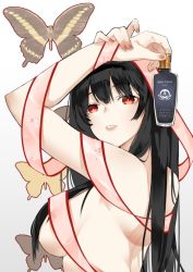 Rule 34 | 1girl, arms up, bad id, bad twitter id, black hair, breasts, bug, butterfly, convenient censoring, copyright name, fusou (kancolle), hair between eyes, hair censor, head tilt, holding, insect, kantai collection, large breasts, long hair, neko (ganecooo), nude, red eyes, ribbon, simple background, solo, upper body, white background