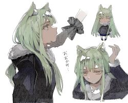 Rule 34 | 2girls, animal ear fluff, animal ears, bang dream!, bang dream! it&#039;s mygo!!!!!, black coat, black gloves, cat ears, coat, commentary, fur-trimmed coat, fur trim, gloves, green hair, hashtag-only commentary, highres, kemonomimi mode, long hair, long sleeves, multiple girls, multiple views, reiboubyou, simple background, solo focus, togawa sakiko, translation request, wakaba mutsumi, white background, yellow eyes