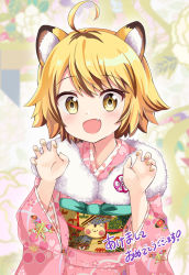 Rule 34 | 1girl, :d, ahoge, animal ear fluff, animal ears, blonde hair, brown hair, chinese zodiac, claw pose, commentary request, fang, fur collar, highres, japanese clothes, kimono, looking at viewer, massala, multicolored hair, nail polish, nengajou, new year, obi, open mouth, original, pink kimono, sash, short hair, smile, solo, streaked hair, tiger ears, tiger girl, two-tone hair, year of the tiger, yellow eyes, yellow nails