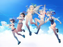 Rule 34 | &gt; &lt;, 5girls, :d, ^ ^, ahoge, animal ear fluff, animal ears, arms up, artist name, ayane (blue archive), ayane (swimsuit) (blue archive), bad id, bad pixiv id, bare legs, barefoot, bikini, bikini top only, black bikini, black bow, black footwear, black hair, blue-tinted eyewear, blue archive, blue eyes, blue one-piece swimsuit, blue sky, bow, breasts, cat ears, cat girl, cleavage, closed eyes, cloud, cloudy sky, commentary request, competition swimsuit, cross hair ornament, crying, crying with eyes open, day, extra ears, eyewear on head, fang, flat chest, flower, frilled bikini, frills, front-tie bikini top, front-tie top, glasses, goyain, grey hair, hair bobbles, hair bow, hair flower, hair ornament, hair ribbon, hair rings, halo, heterochromia, highres, hoshino (blue archive), hoshino (swimsuit) (blue archive), index finger raised, jacket, jacket over swimsuit, jumping, kirara jump, large breasts, light blush, light brown hair, long hair, midair, midriff, mismatched pupils, multiple girls, navel, nonomi (blue archive), nonomi (swimsuit) (blue archive), off-shoulder bikini, off shoulder, official alternate costume, one-piece swimsuit, open mouth, orange eyes, outdoors, pink hair, pointing, pointing up, pointy ears, red-framed eyewear, red eyes, ribbon, sandals, see-through, see-through jacket, serika (blue archive), serika (swimsuit) (blue archive), shiroko (blue archive), shiroko (swimsuit) (blue archive), short hair, short shorts, shorts, side-tie bikini bottom, sky, smile, stomach, striped bikini, striped clothes, swimsuit, tears, tinted eyewear, twintails, underboob, white-framed eyewear, white bikini, wide shot, wolf ears, wolf girl, yellow bikini