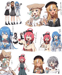 Rule 34 | 6+girls, absurdres, ahoge, animal hat, aran sweater, bag, bell, belt, belt buckle, beret, black belt, black bow, black bowtie, black choker, black dress, black footwear, black hair, black headwear, black jacket, black ribbon, black skirt, black socks, black tank top, blonde hair, blue choker, blue eyes, blue hair, blue ribbon, blunt bangs, blush, bow, bowtie, bracelet, braid, breasts, brown hair, brown headwear, brown jacket, buckle, buttons, cable knit, cellphone, choker, cleavage, closed mouth, clothes hanger, coffee, collage, collarbone, collared shirt, constricted pupils, crepe, cup, disposable cup, double v, dress, drinking straw, eating, food, frappuccino, french braid, frilled skirt, frills, full body, glasses, green dress, green eyes, hair between eyes, hair ornament, hair ribbon, hairclip, half updo, hat, high-waist skirt, highres, holding, holding cup, holding phone, hololive, hoshimachi suisei, hoshimachi suisei (school uniform), jacket, jewelry, kaigaraori, large breasts, long hair, long sleeves, low twintails, maid, maid headdress, medium skirt, miniskirt, multicolored hair, multiple girls, neck bell, off-shoulder jacket, off-shoulder sweater, off shoulder, omaru polka, omaru polka (street casual), one eye closed, open mouth, pendant, phone, pinafore dress, pink hair, plaid, plaid skirt, pointing, pointing at another, pointy ears, portrait, purple eyes, red bow, red bowtie, red eyes, ribbed sweater, ribbon, sailor collar, sakura miko, sakura miko (casual), see-through, selfie stick, shiranui flare, shiranui flare (street), shirogane noel, shirogane noel (casual), shirt, shoes, shopping bag, short hair, short sleeves, sidelocks, simple background, skirt, sleeveless, sleeveless dress, smartphone, smile, snowflake pendant, socks, streaked hair, sweatdrop, sweater, symbol-shaped pupils, tank top, twintails, v, virtual youtuber, whipped cream, white background, white dress, white hair, white sailor collar, white shirt, white sweater, white tank top, wide sleeves, yellow sweater